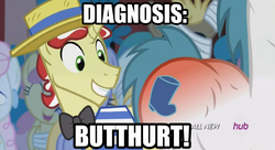Size: 1845x1001 | Tagged: safe, edit, edited screencap, screencap, caligula (character), flim, little boot, earth pony, pony, unicorn, g4, leap of faith, all new, butt, butt tail, butthurt, caption, diagnosis, hub logo, impact, literal butthurt, male, pain, plot, pun, reddened butt, stallion, swollen, the ass was fat
