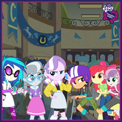 Size: 800x800 | Tagged: safe, apple bloom, diamond tiara, dj pon-3, scootaloo, silver spoon, sweetie belle, vinyl scratch, equestria girls, g4