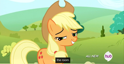 Size: 1600x830 | Tagged: safe, screencap, applejack, g4, leap of faith, female, hub logo, meme, solo, the room, youtube caption