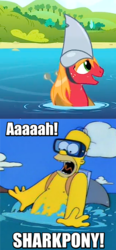 Size: 444x959 | Tagged: safe, big macintosh, earth pony, pony, shark, g4, leap of faith, my little pony: friendship is magic, homer simpson, image macro, male, meme, shark hat, stallion, swimming hole, the simpsons