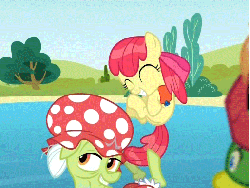 Size: 513x387 | Tagged: safe, screencap, apple bloom, big macintosh, granny smith, earth pony, pony, g4, leap of faith, animated, cropped, duo focus, female, gif, loop, water, wet, wet mane, wet mane apple bloom