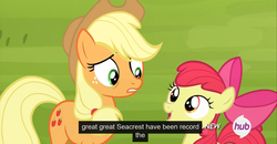 Size: 1600x830 | Tagged: safe, screencap, apple bloom, applejack, g4, leap of faith, hub logo, meme, ryan seacrest, youtube caption