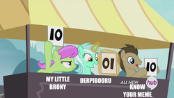 Size: 500x281 | Tagged: safe, doctor whooves, lyra heartstrings, merry may, time turner, derpibooru, g4, leap of faith, my little pony: friendship is magic, exploitable meme, hub logo, know your meme, lyra's score, meme, my little brony