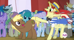 Size: 558x306 | Tagged: safe, screencap, amethyst star, coco crusoe, flam, sparkler, theodore donald "donny" kerabatsos, earth pony, pony, g4, leap of faith, animation smear, background pony, bandaged horn, donny, gallop plop, horn, hub logo, male, presenting, smear, smear frame, stallion