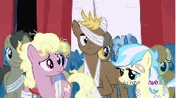 Size: 576x324 | Tagged: safe, screencap, bon bon, buttermilk (g4), candy mane, carrot top, cloud kicker, cultivar, dirtbound, doctor whooves, flam, geri, golden harvest, minuette, pokey pierce, ponet, rainbowshine, sweetie drops, time turner, earth pony, pony, unicorn, g4, leap of faith, animated, bandage, bipedal, crutches, female, hub logo, hubble, injured, male, mare, not coco, stallion, the hub
