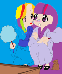 Size: 754x904 | Tagged: safe, artist:painting-potato, rainbow dash, twilight sparkle, human, g4, :o, anime, bag, blushing, cotton candy, female, food, lesbian, licking, lucky star, ship:twidash, shipping, table