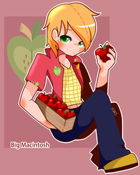 Size: 1000x1241 | Tagged: safe, artist:nm, big macintosh, human, g4, apple, humanized, male, mouth hold, pixiv, solo