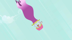 Size: 1280x720 | Tagged: safe, screencap, cherry berry, earth pony, pony, g4, the mysterious mare do well, accident, aviator hat, balloon, crash, female, hat, hot air balloon, megaphone, peril, popping, solo, this will end in tears and/or death, twinkling balloon