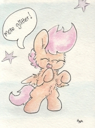 Size: 675x903 | Tagged: safe, artist:slightlyshade, scootaloo, pony, g4, bipedal, eyes closed, female, solo, stars, traditional art