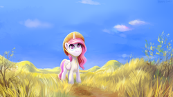 Size: 3555x2000 | Tagged: safe, artist:kaermter, princess celestia, alicorn, pony, g4, cewestia, cute, female, filly, grass, hat, high res, pink-mane celestia, scenery, sky, solo, younger