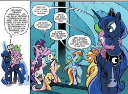 Size: 1400x1029 | Tagged: safe, idw, official comic, applejack, fluttershy, princess luna, rainbow dash, rarity, spike, twilight sparkle, alicorn, pony, g4, spoiler:comic, female, lampshade hanging, male, mare, riding, ship:spiluna, shipping, spike riding luna, spikelove, straight, tempting fate, twilight sparkle (alicorn)