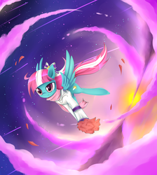 Size: 1024x1141 | Tagged: safe, artist:cyanaeolin, spring step, sunlight spring, pegasus, pony, g4, bow, cheerleader, clothes, cloud, cloudy, female, flying, gift art, hoodie, pom pom, scarf, solo, stars, sun