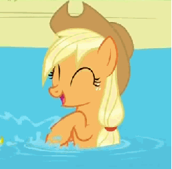 Size: 335x330 | Tagged: safe, screencap, applejack, earth pony, pony, g4, leap of faith, season 4, animated, applejack's hat, cowboy hat, cute, eyes closed, female, freckles, happy, hat, hnnng, hoofy-kicks, jackabetes, mare, open mouth, pond, silly, silly pony, smiling, solo, splash, swimming, water, who's a silly pony