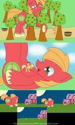 Size: 1024x1707 | Tagged: safe, artist:grafikfehler, apple bloom, applejack, big macintosh, earth pony, pony, g4, barn, big macindog, brother and sister, clifford the big red dog, crossover, female, filly, foal, giant pony, macro/micro, male, mare, night, really big mac, shrinking, siblings, sisters, stallion, tree