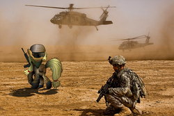 Size: 1074x716 | Tagged: safe, applejack, g4, desert, gun, helicopter, irl, military, military uniform, photo, ponies in real life