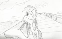 Size: 1119x702 | Tagged: safe, artist:spackle, rainbow dash, pony, g4, bipedal, depressed, floppy ears, monochrome, ocean, pier, pov, sad, sketch, traditional art