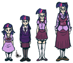 Size: 800x697 | Tagged: safe, artist:theartrix, twilight sparkle, human, g4, adult, age progression, anatomy study, blouse, child, clothes, dress, glasses, humanized, line-up, mary janes, miniskirt, necktie, school uniform, schoolgirl, sketch, skirt, stockings, sweater, teenager, thigh highs, thigh socks, time warp, toddler, vest, younger