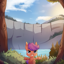 Size: 2000x2000 | Tagged: safe, artist:risu-nya, scootaloo, pegasus, pony, g4, adventure, cliff, determined, eager, female, filly, forest, high res, keen, lake, outdoors, scenery, solo