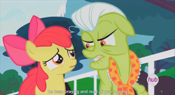 Size: 1394x762 | Tagged: safe, screencap, apple bloom, granny smith, g4, leap of faith, hub logo, meme, praying, youtube caption