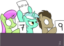 Size: 1400x1000 | Tagged: safe, artist:pandramodo, doctor whooves, lyra heartstrings, merry may, time turner, earth pony, pegasus, pony, unicorn, g4, leap of faith, my little pony: friendship is magic, 7, 9, equation, exploitable meme, fancy mathematics, incorrect math in the comments, lyra's score, math, mathematics in the comments, meme, nerd, shrunken pupils, wide eyes