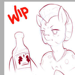 Size: 1800x1800 | Tagged: safe, artist:cold-blooded-twilight, granny smith, earth pony, anthro, g4, bottle, cider, female, monochrome, sketch, solo, wip