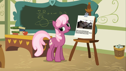 Size: 1366x768 | Tagged: safe, cheerilee, cat, g4, chalkboard, cheerilee's clipboard meme, exploitable meme, insane fan theory, meme, ponyville schoolhouse