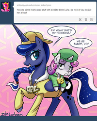 Size: 700x874 | Tagged: safe, artist:johnjoseco, princess luna, sweetie belle, alicorn, pony, unicorn, ask gaming princess luna, for whom the sweetie belle toils, g4, alternate hairstyle, bling, clothes, comic, female, filly, gangsta, gangster, hat, mare, tumblr