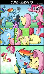 Size: 631x1047 | Tagged: safe, artist:uotapo, apple bloom, fluttershy, pinkie pie, rainbow dash, twilight sparkle, alicorn, earth pony, pegasus, pony, g4, angry, apple bloom is not amused, blank flank, blushing, butt, close-up, comic, cute, emoticon, eyes closed, female, fusion, grin, hug, mallet, mare, plot, smiling, twilight sparkle (alicorn), unamused