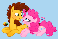 Size: 1236x834 | Tagged: safe, artist:mn27, cheese sandwich, pinkie pie, g4, blushing, boop, eye contact, female, male, noseboop, ship:cheesepie, shipping, straight