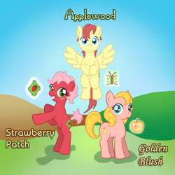 Size: 600x600 | Tagged: safe, artist:runicrhyme, oc, oc only, oc:applewood, oc:golden blush, oc:strawberry patch, earth pony, pegasus, pony, day, earth pony oc, flying, offspring, parent:big macintosh, parent:fluttershy, parents:fluttermac, pegasus oc, siblings, trio, wings