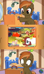 Size: 640x1080 | Tagged: safe, screencap, button mash, fluttershy, earth pony, pony, fighting is magic, g4, button's odd game, colt, easter egg, glitch, it's no use, male, meme, wat