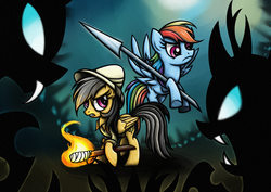 Size: 1754x1240 | Tagged: safe, artist:rambopvp, daring do, rainbow dash, changeling, g4, duo, flying, spear, torch, weapon