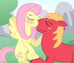 Size: 800x682 | Tagged: safe, artist:bobthelurker, big macintosh, fluttershy, earth pony, pegasus, pony, g4, blushing, duo, kiss on the lips, kissing, male, ship:fluttermac, shipping, stallion, straight