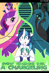 Size: 865x1277 | Tagged: safe, artist:droll3, princess cadance, queen chrysalis, shining armor, twilight sparkle, oc, oc:mirror gleam, changepony, hybrid, g4, dna, double helix, fanfic art, fanfic cover, female, foal, interspecies offspring, male, offspring, parent:queen chrysalis, parent:shining armor, parents:shining chrysalis, straight