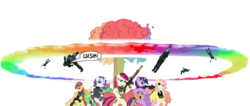 Size: 1694x720 | Tagged: safe, artist:shadawg, apple bloom, fluttershy, rarity, roseluck, twilight sparkle, pony, g4, alternate hairstyle, ar-15, armor, badass, beautiful, bipedal, combine, eotech, gun, half-life, holographic sight, military, overwatch soldier, pun, rainbow nuke, rifle, russian, sonic rainboom, suppressor, weapon