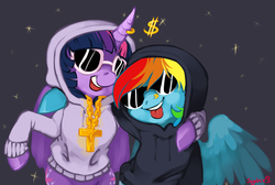 Size: 1302x877 | Tagged: safe, artist:xenon, rainbow dash, twilight sparkle, alicorn, pony, g4, bling, clothes, duo, female, gangsta, hoodie, mare, piercing, tongue out, twilight sparkle (alicorn), twilightlicious