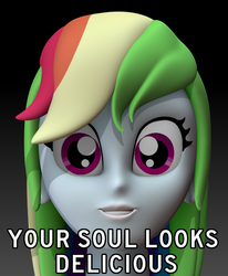 Size: 700x850 | Tagged: safe, artist:harikon, rainbow dash, equestria girls, g4, 3d, do not want, female, image macro, looking at you, meme, nightmare fuel, solo, text edit, uncanny valley, wat, your soul looks delicious