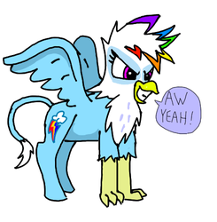 Size: 470x480 | Tagged: safe, artist:bronyponyguy, rainbow dash, classical hippogriff, griffon, hippogriff, g4, classical hippogriffied, female, glare, griffonized, grin, hippogriffied, rainbow griffon, simple background, smirk, solo, species swap, spread wings, white background