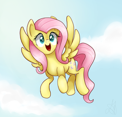 Size: 1100x1050 | Tagged: safe, artist:maggymss, fluttershy, g4, female, flying, sky, smiling, solo