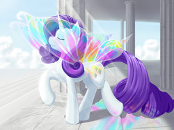 Size: 1600x1200 | Tagged: safe, artist:dstears, rarity, pony, unicorn, g4, sonic rainboom (episode), butterfly wings, colored wings, crepuscular rays, day, eyes closed, eyeshadow, female, glimmer wings, gradient wings, long tail, makeup, mare, multicolored wings, rainbow wings, sky, solo, sparkly wings, wings