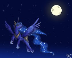 Size: 800x645 | Tagged: safe, artist:flutterluv, princess luna, g4, female, flying, looking up, moon, night, sky, smiling, solo, spread wings