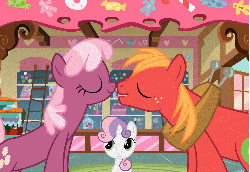 Size: 1011x698 | Tagged: safe, screencap, big macintosh, cheerilee, sweetie belle, earth pony, pony, g4, hearts and hooves day (episode), animated, boop, hearts and hooves day, male, nose wrinkle, noseboop, nuzzling, ship:cheerimac, shipping, stallion, straight