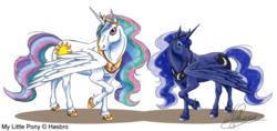 Size: 900x425 | Tagged: safe, artist:tarakas, princess celestia, princess luna, alicorn, horse, pony, g4, looking at you, raised hoof, realistic, sisters, spread wings