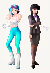 Size: 2280x3307 | Tagged: safe, artist:chika_rosio, dj pon-3, octavia melody, vinyl scratch, human, g4, clothes, glasses, headphones, high res, humanized, light skin, pantyhose, pixiv, simple background, white background