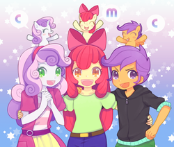 Size: 682x579 | Tagged: dead source, safe, artist:tino_13, apple bloom, scootaloo, sweetie belle, human, equestria girls, g4, adorabloom, colored pupils, cute, cutealoo, cutie mark crusaders, diasweetes, female, human ponidox, open mouth, pixiv, speech bubble