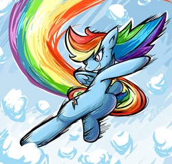 Size: 808x768 | Tagged: safe, artist:vavacung, rainbow dash, g4, action pose, cloud, cloudy, female, kicking, long tail, solo, trail