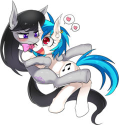 Size: 800x841 | Tagged: dead source, safe, artist:re_ghotion, dj pon-3, octavia melody, vinyl scratch, earth pony, pony, unicorn, g4, blushing, bow, bowtie, ear piercing, earring, female, fluffy, heart, jewelry, lesbian, mare, one eye closed, open mouth, piercing, ship:scratchtavia, shipping, simple background, transparent background