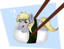 Size: 3113x2415 | Tagged: safe, artist:zzvinniezz, derpy hooves, pegasus, pony, g4, basashi, chopsticks, cute, derpabetes, female, food, high res, mare, meat, ponies in food, ponies in sushi, question mark, solo, sushi