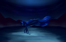 Size: 5100x3300 | Tagged: safe, artist:grennadder, princess luna, g4, big hooves, female, long mane, long tail, night, solo, spread wings, tail, water, windswept mane, windswept tail, wings