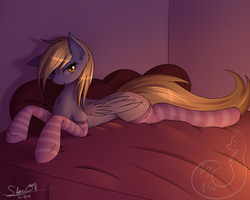 Size: 2500x2000 | Tagged: safe, artist:silverfox057, derpy hooves, pegasus, pony, g4, bed, clothes, female, mare, pillow, prone, socks, solo, striped socks